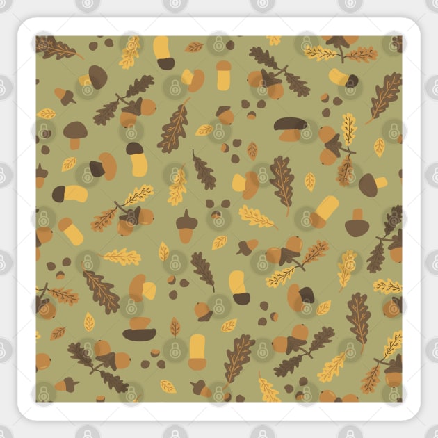 Autumn oak leaves, acorn, birch aspen mushrooms, nuts, chestnuts seamless pattern Sticker by essskina